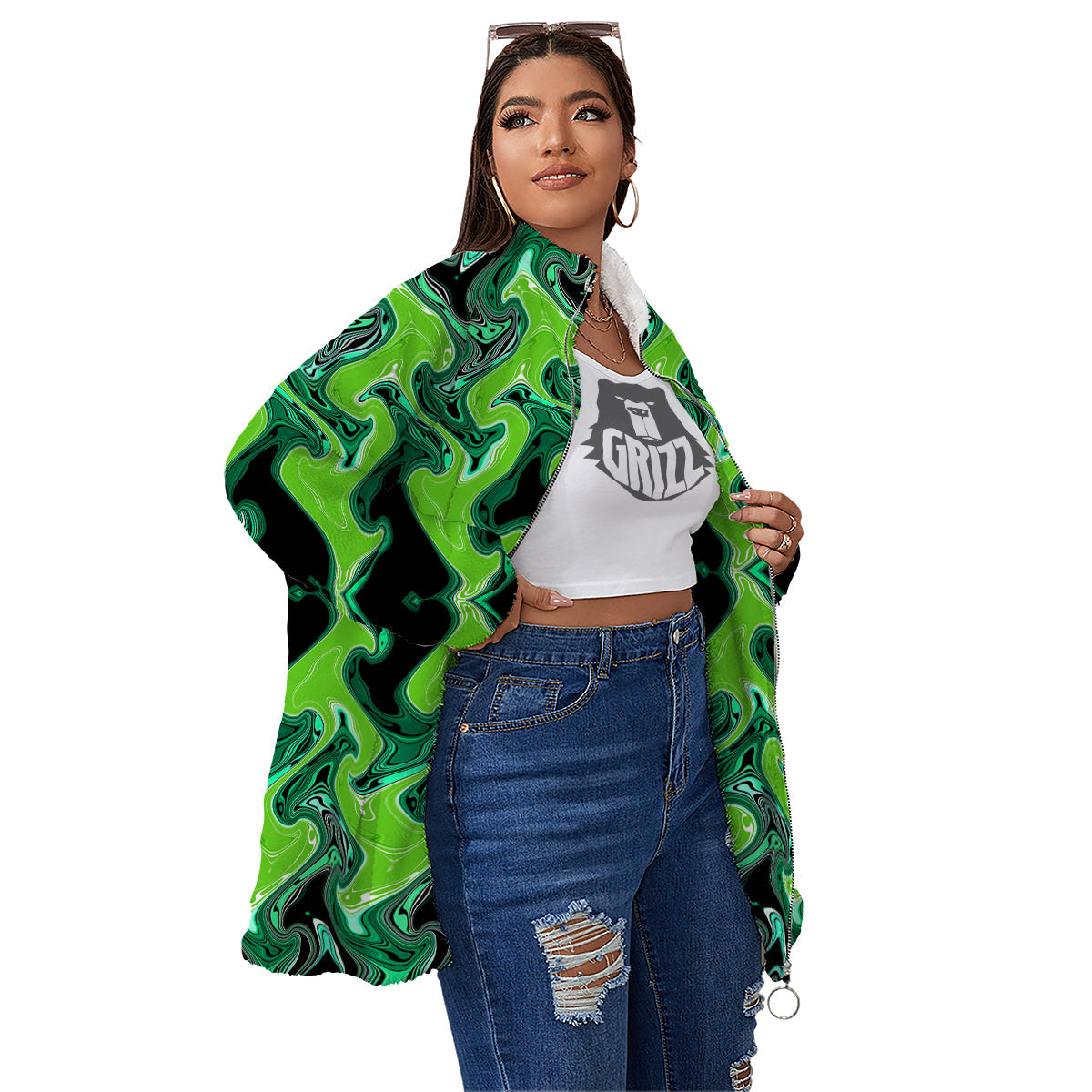 Psychedelic Wave Liquid Green Print Women's Sherpa Jacket-grizzshop