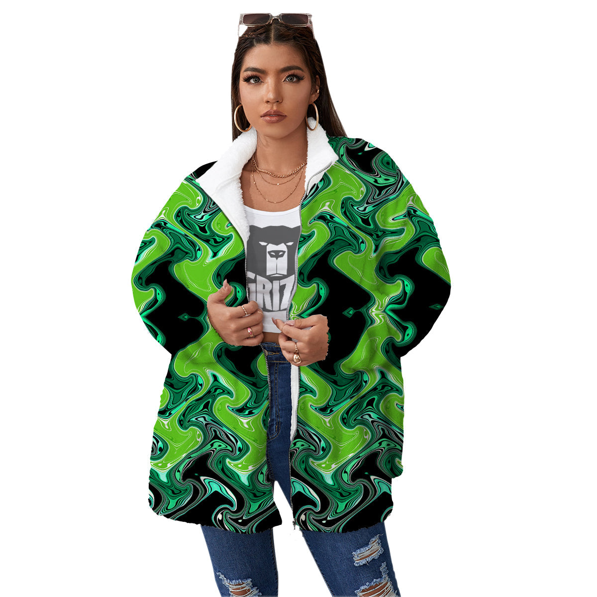 Psychedelic Wave Liquid Green Print Women's Sherpa Jacket-grizzshop
