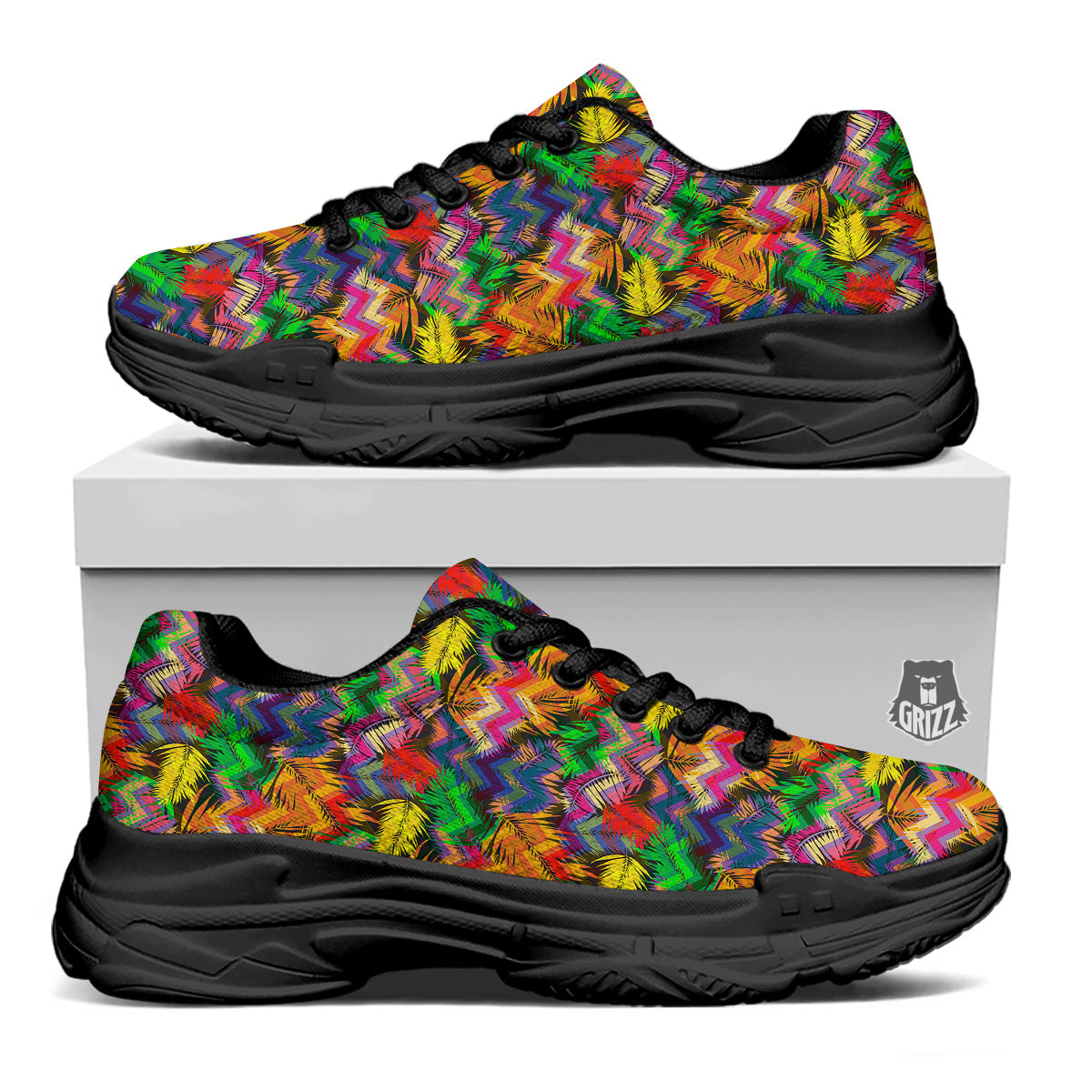 Psychedelic Zigzag Tropical Print Pattern Black Chunky Shoes-grizzshop
