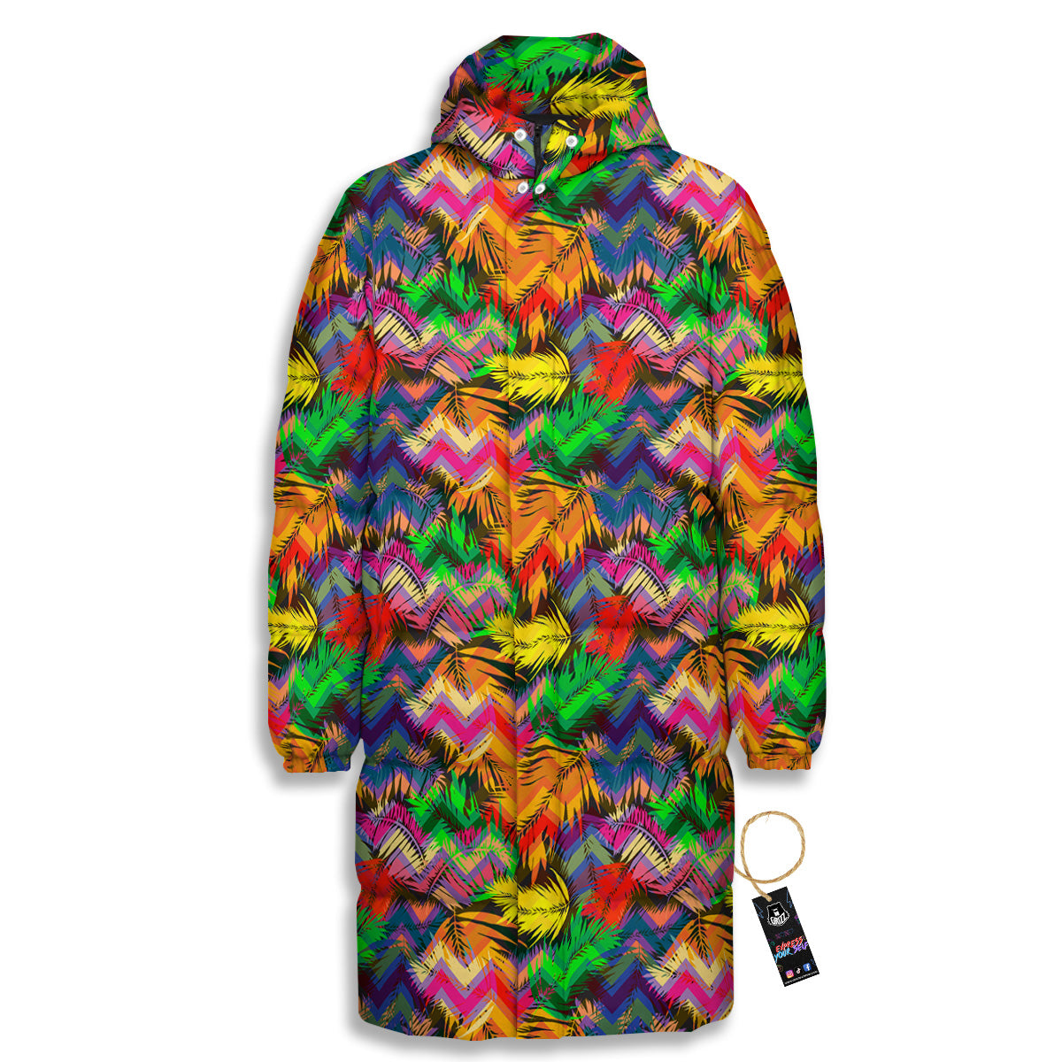 Psychedelic Zigzag Tropical Print Pattern Long Down Jacket-grizzshop