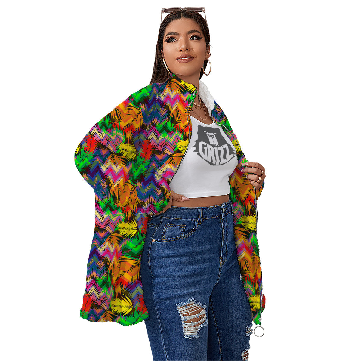 Psychedelic Zigzag Tropical Print Pattern Women's Sherpa Jacket-grizzshop