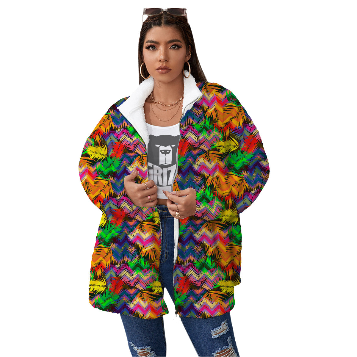Psychedelic Zigzag Tropical Print Pattern Women's Sherpa Jacket-grizzshop