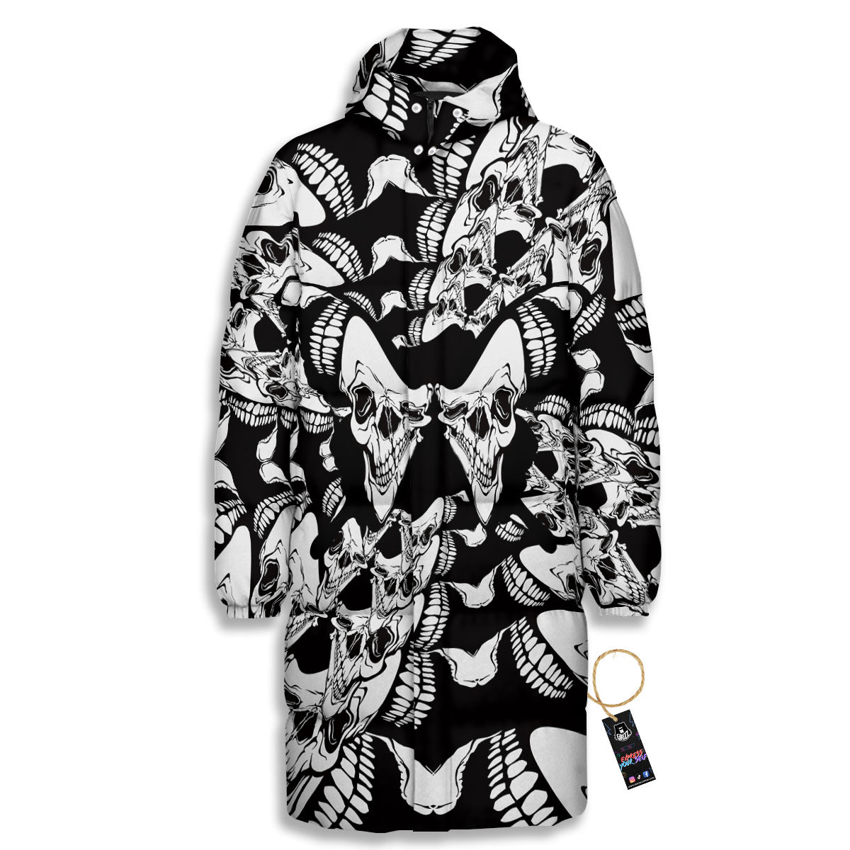 Psychedelic Black And White Skull Print Long Down Jacket