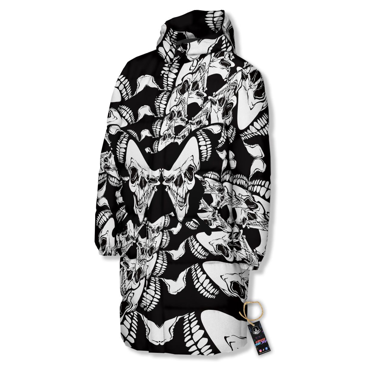 Psychedelic Black And White Skull Print Long Down Jacket