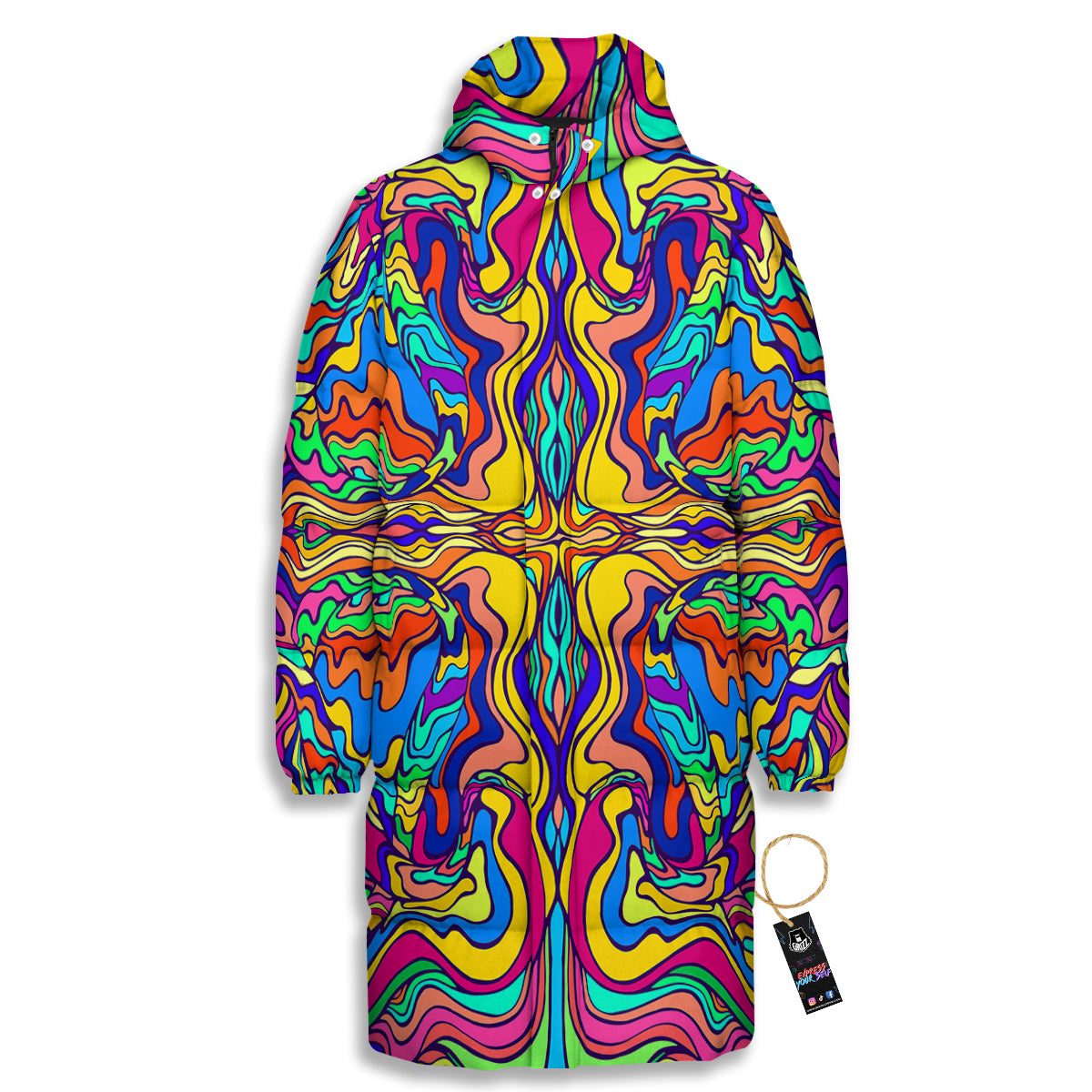 Psychedelic Colorful Fractal Mirror Print Long Down Jacket