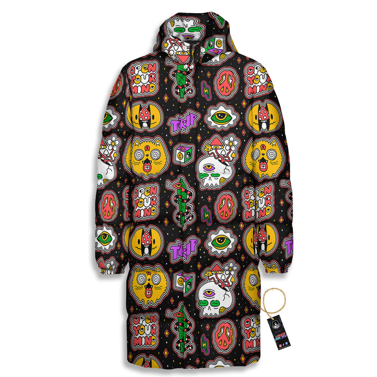 Psychedelic Funny Crazy Colorful Print Pattern Long Down Jacket