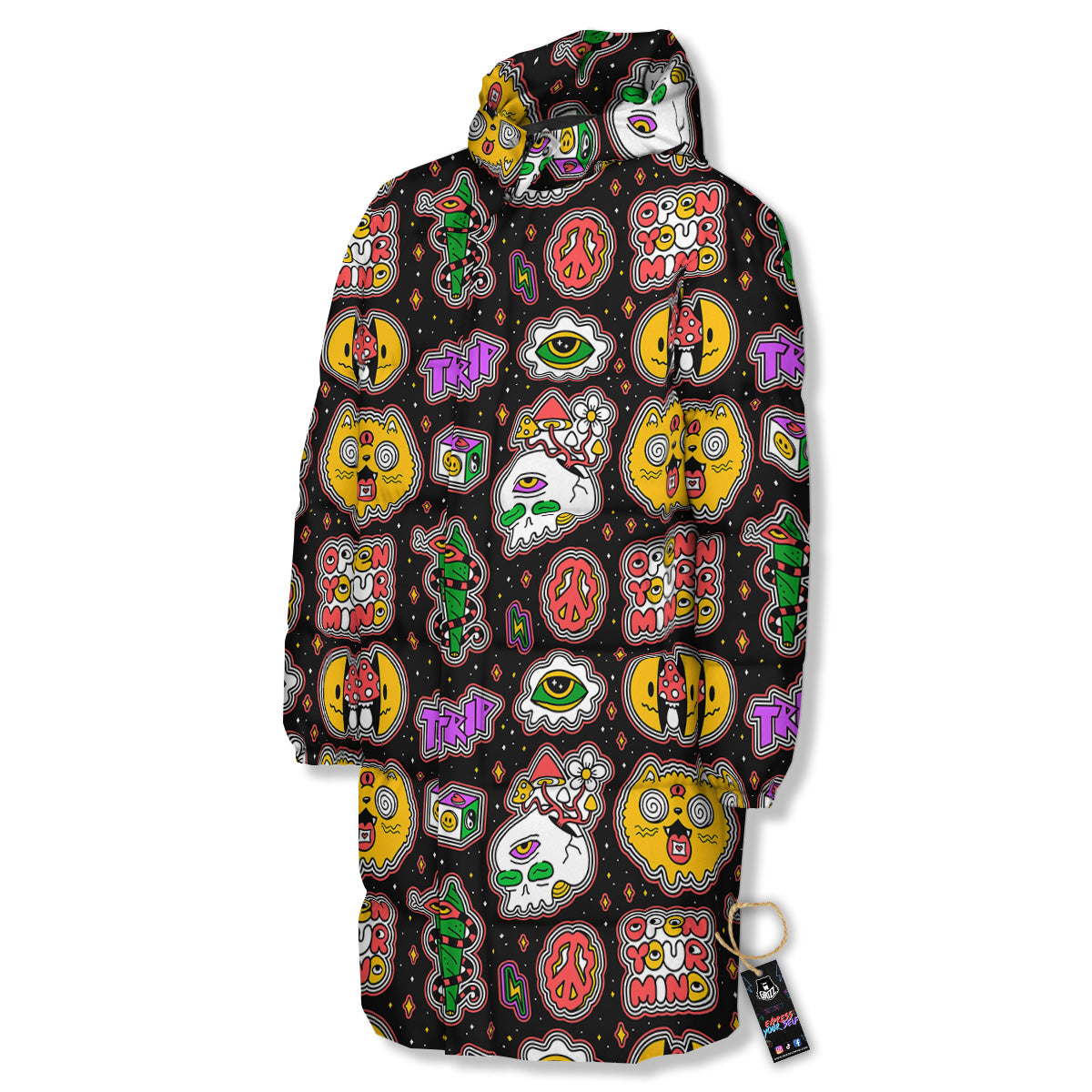 Psychedelic Funny Crazy Colorful Print Pattern Long Down Jacket