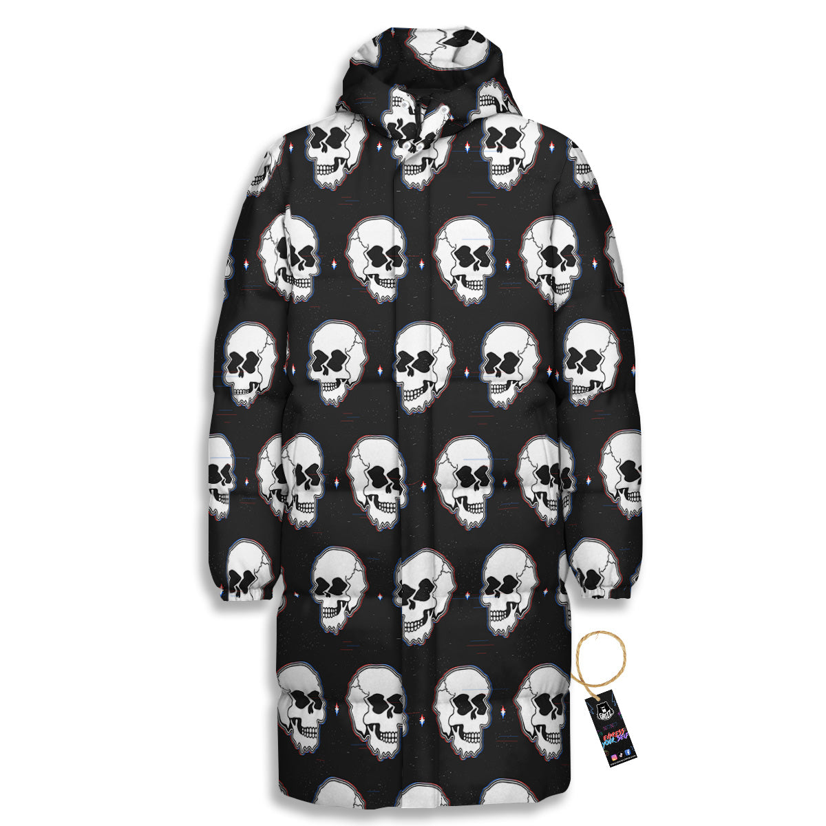Psychedelic Skull Glitch Print Pattern Long Down Jacket