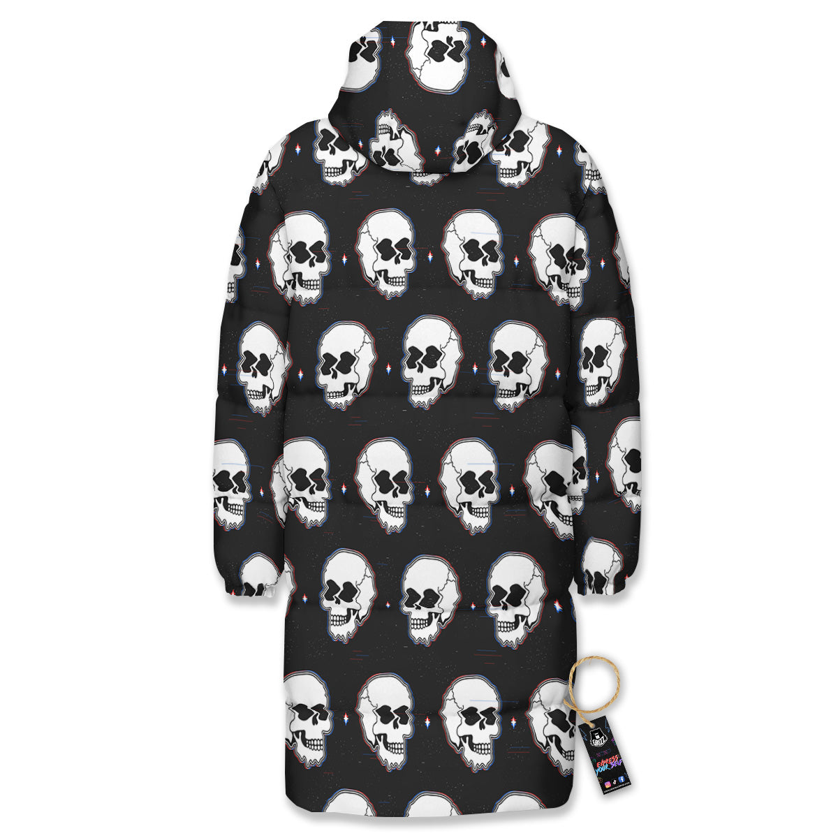 Psychedelic Skull Glitch Print Pattern Long Down Jacket