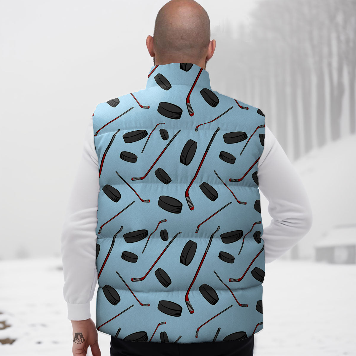 Puck And Hockey Stick Print Pattern Down Vest
