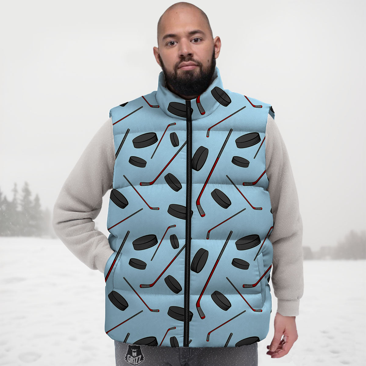 Puck And Hockey Stick Print Pattern Down Vest