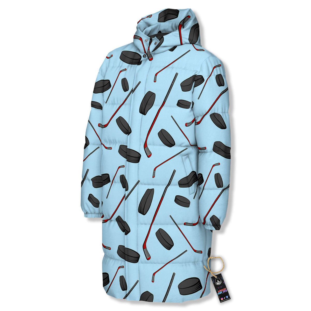 Puck And Hockey Stick Print Pattern Long Down Jacket-grizzshop