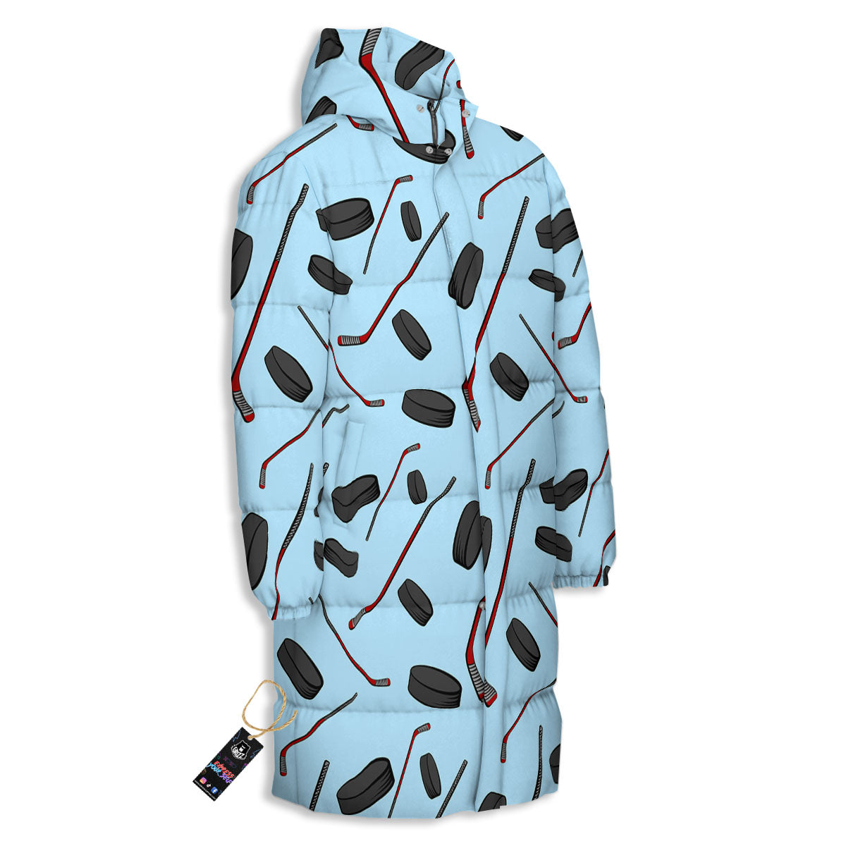 Puck And Hockey Stick Print Pattern Long Down Jacket-grizzshop
