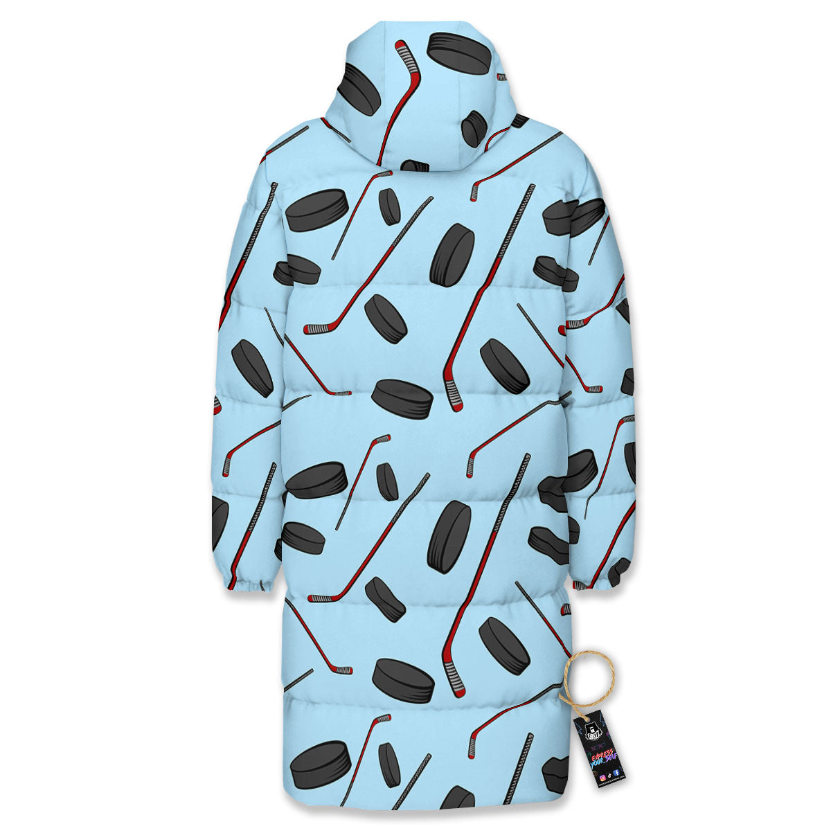 Puck And Hockey Stick Print Pattern Long Down Jacket-grizzshop