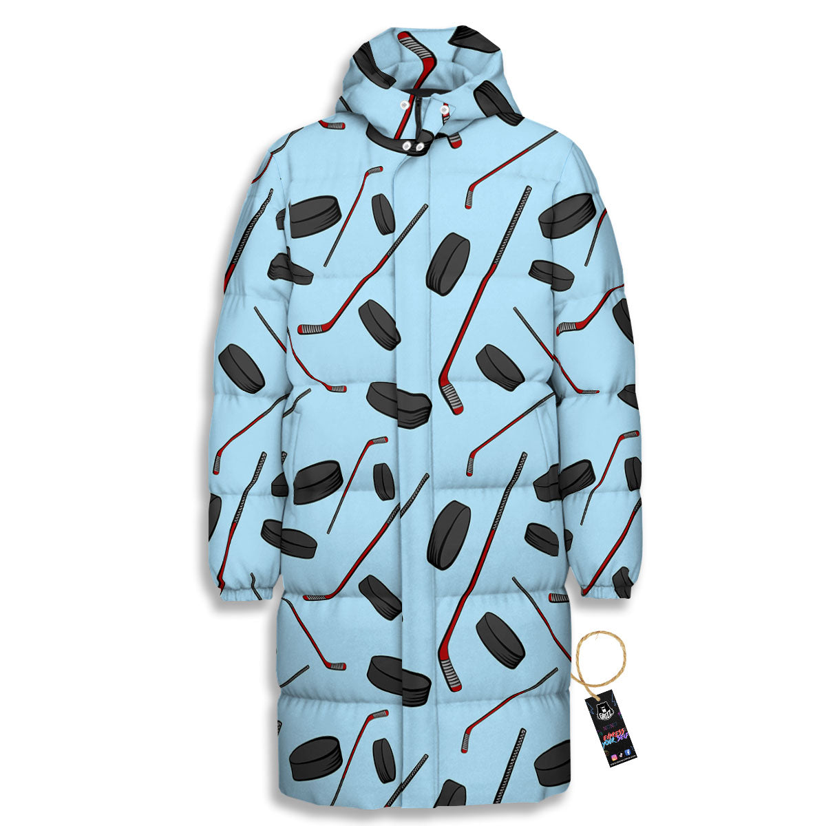Puck And Hockey Stick Print Pattern Long Down Jacket-grizzshop