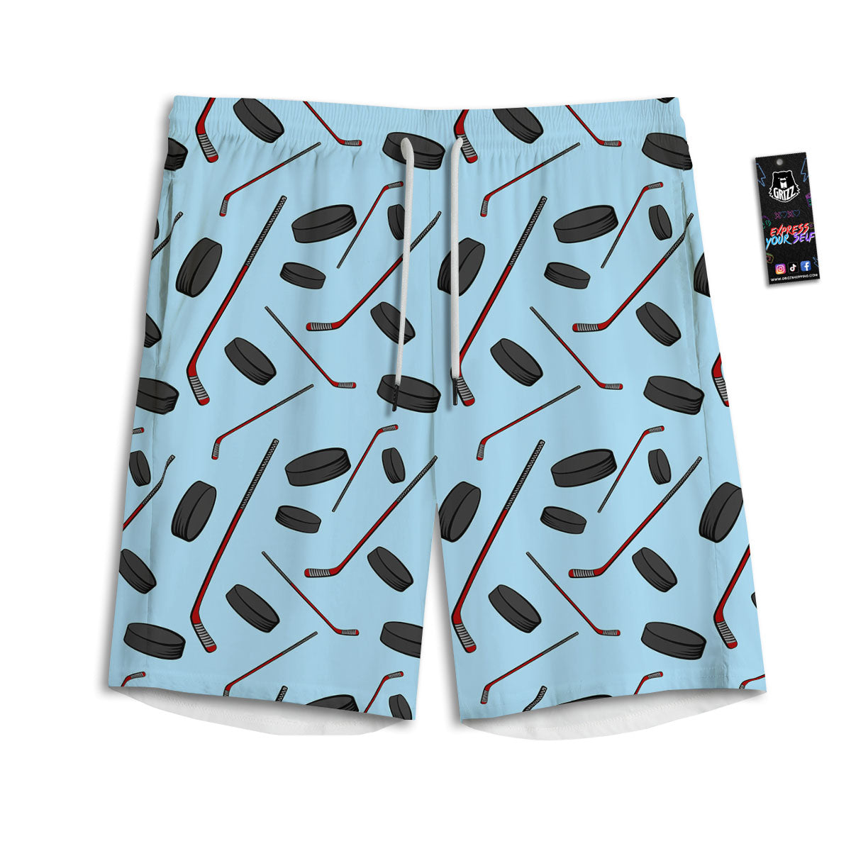 Puck And Hockey Stick Print Pattern Men's Athletic Shorts