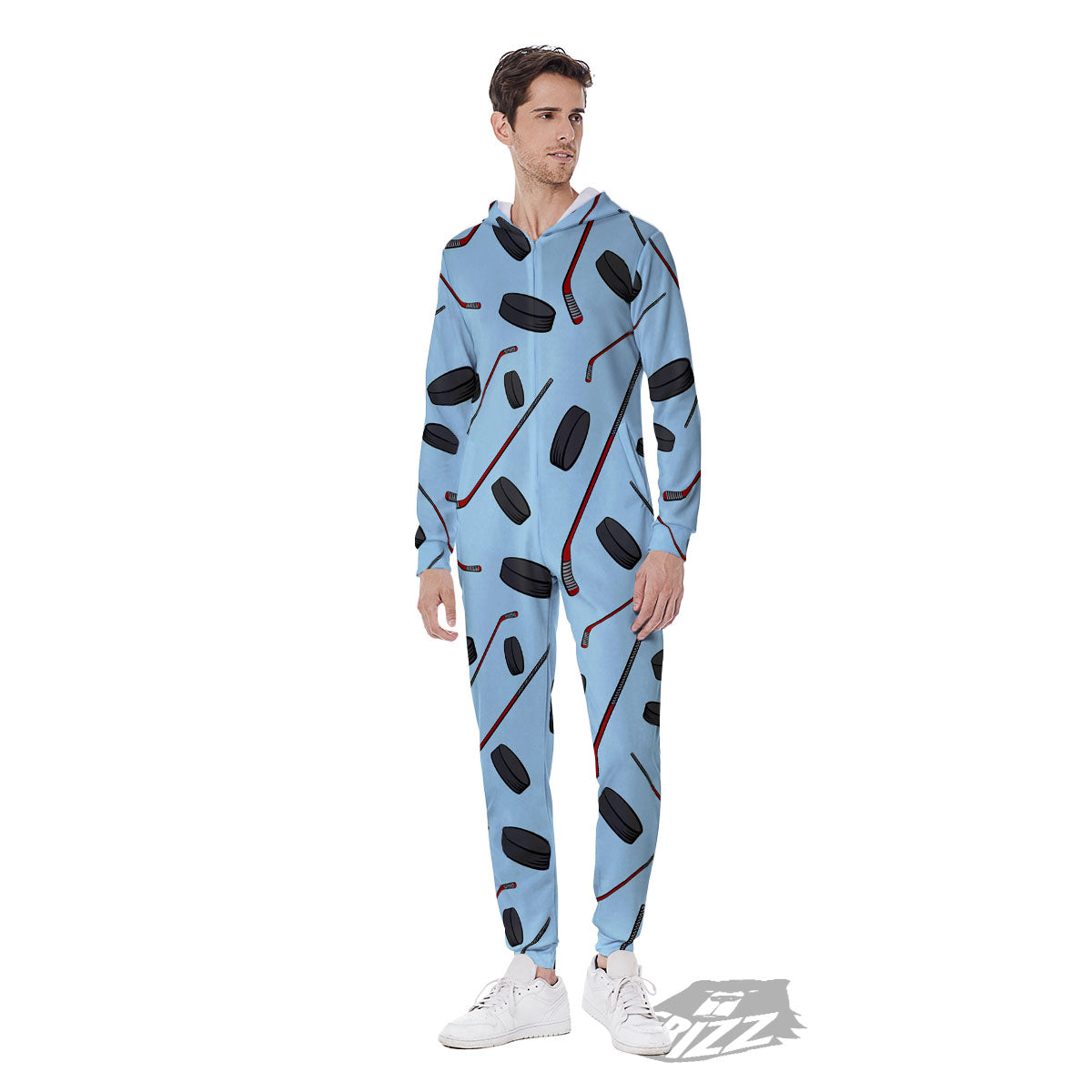 Puck And Hockey Stick Print Pattern Men's Jumpsuit-grizzshop