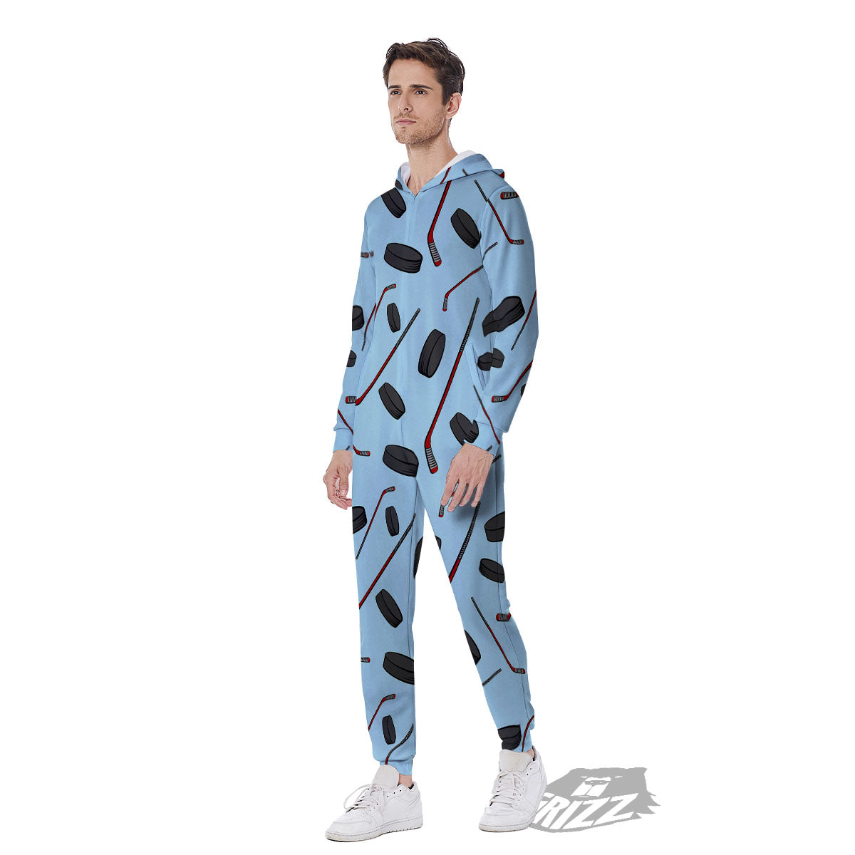 Puck And Hockey Stick Print Pattern Men's Jumpsuit-grizzshop