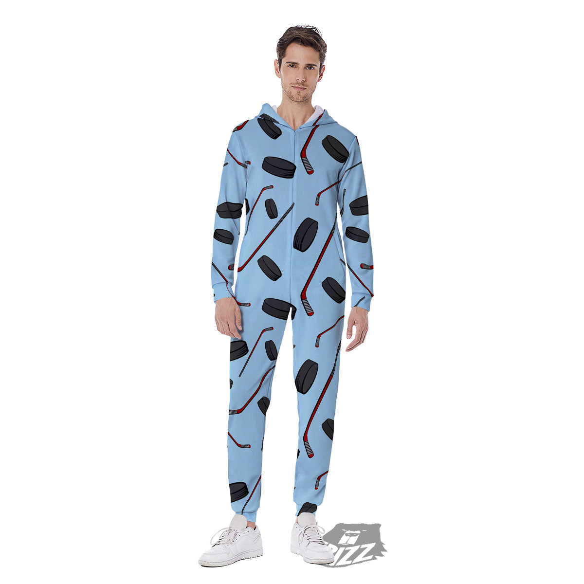 Puck And Hockey Stick Print Pattern Men's Jumpsuit-grizzshop