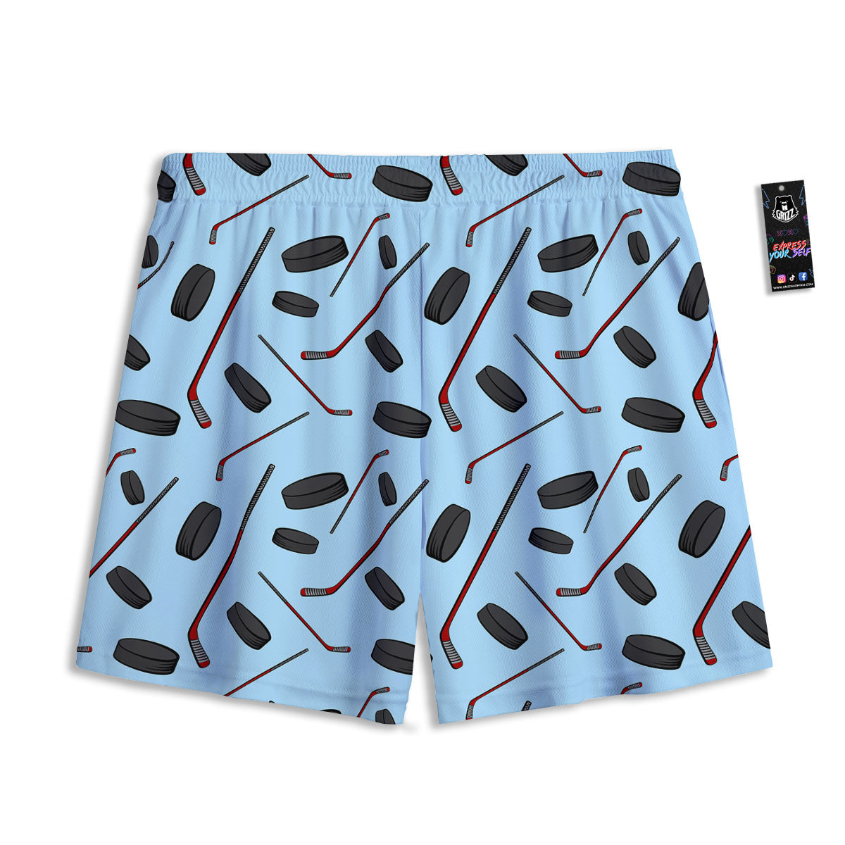 Puck And Hockey Stick Print Pattern Mesh Shorts