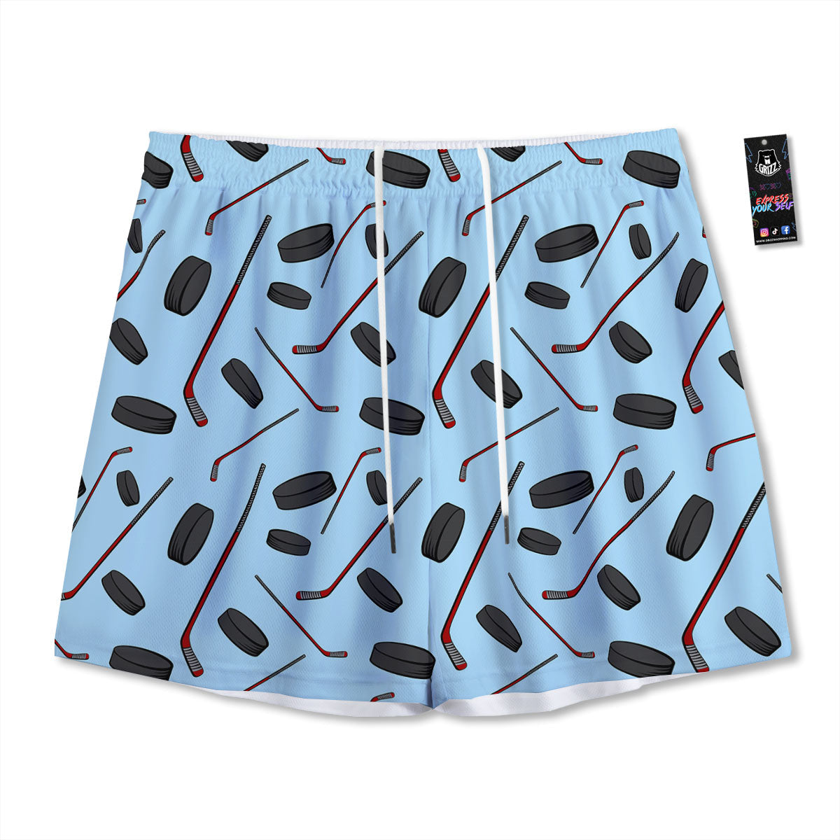 Puck And Hockey Stick Print Pattern Mesh Shorts
