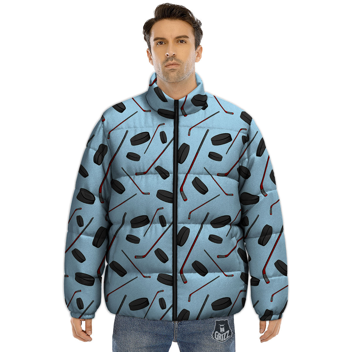 Puck And Hockey Stick Print Pattern Puffer Jacket-grizzshop