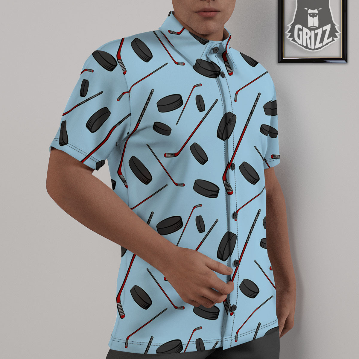 Puck And Hockey Stick Print Pattern Untucked Shirts-grizzshop