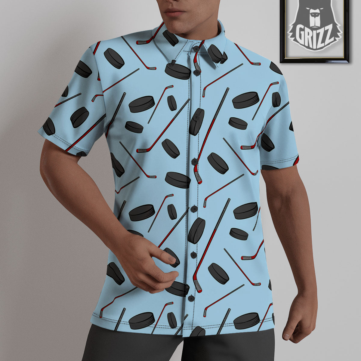 Puck And Hockey Stick Print Pattern Untucked Shirts-grizzshop