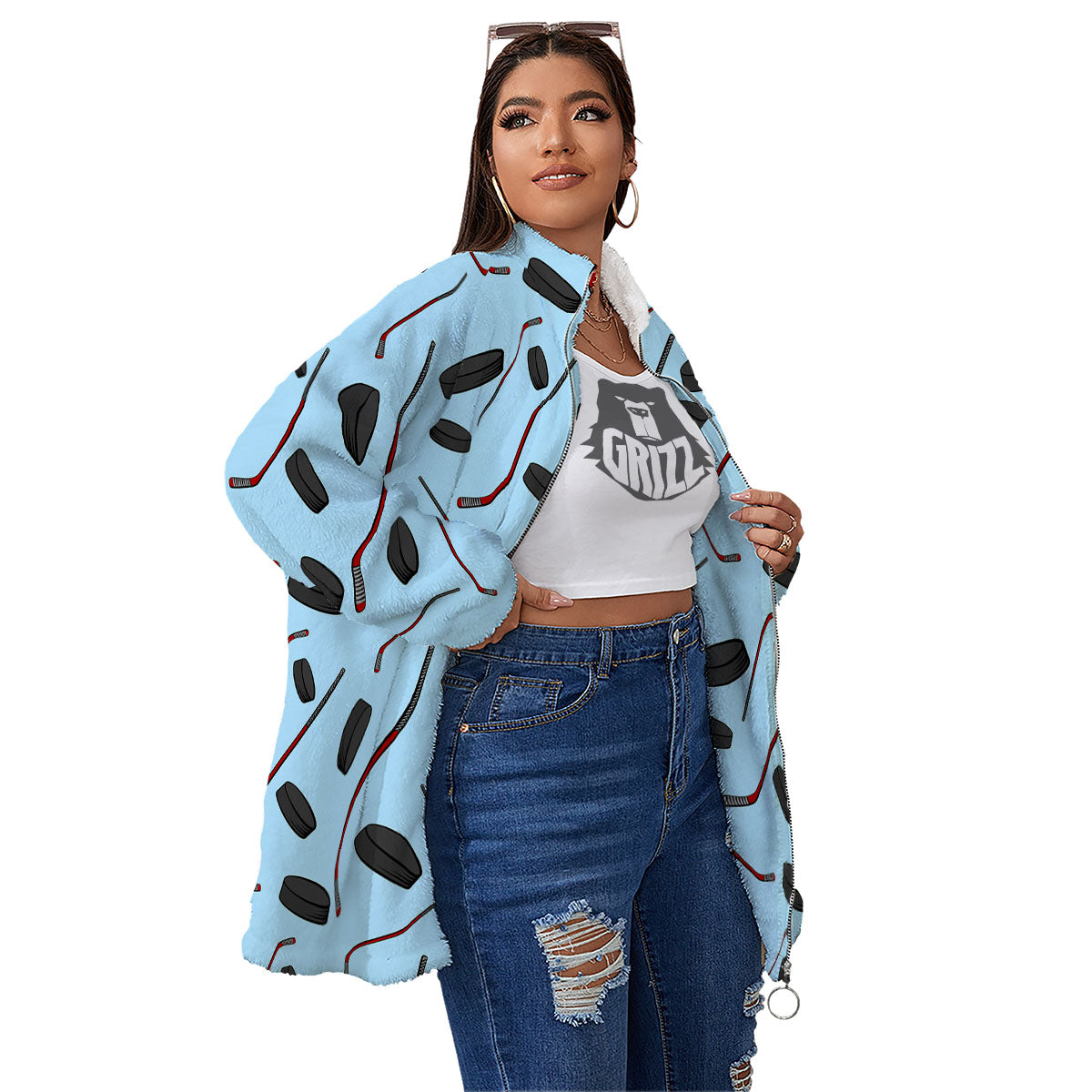 Puck And Hockey Stick Print Pattern Women's Sherpa Jacket-grizzshop