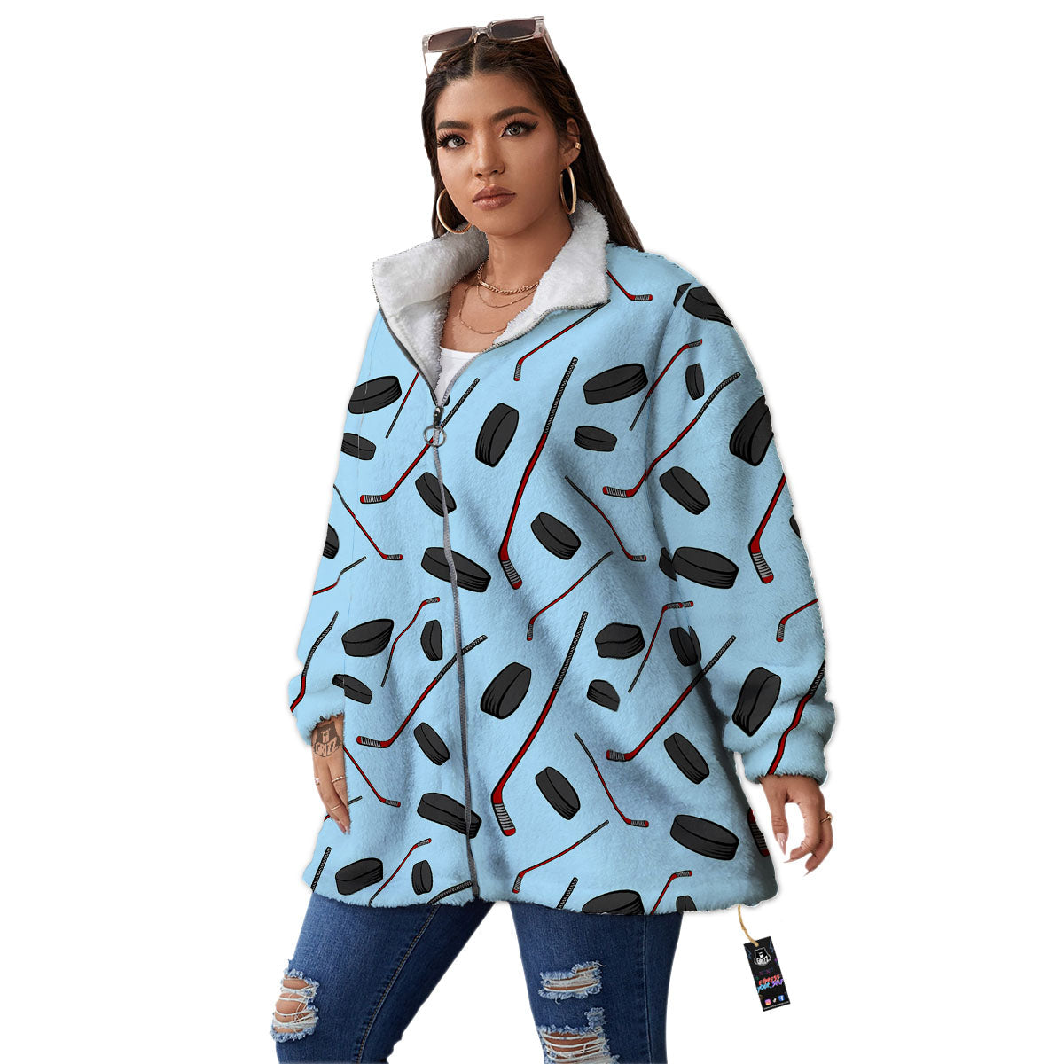 Puck And Hockey Stick Print Pattern Women's Sherpa Jacket-grizzshop