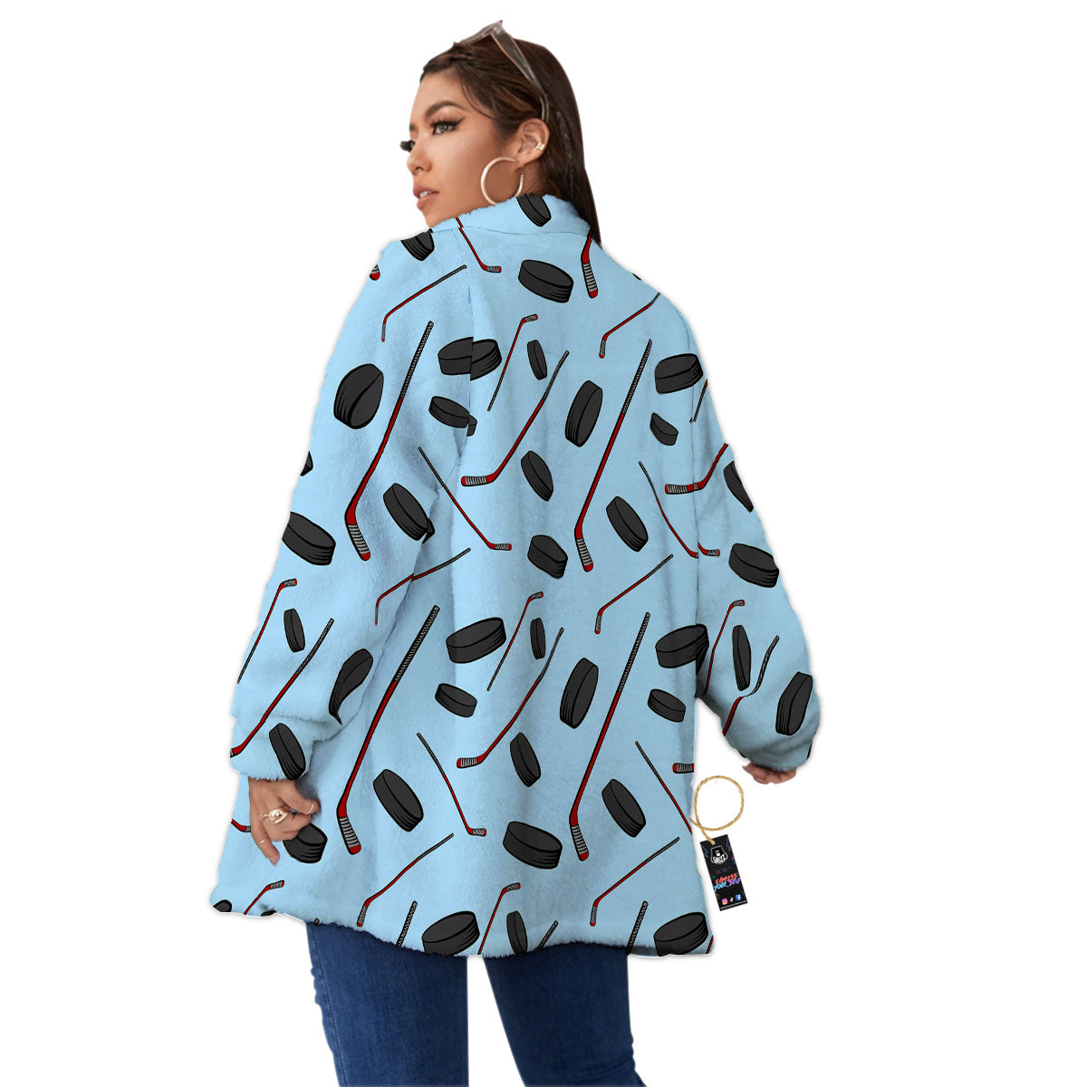 Puck And Hockey Stick Print Pattern Women's Sherpa Jacket-grizzshop