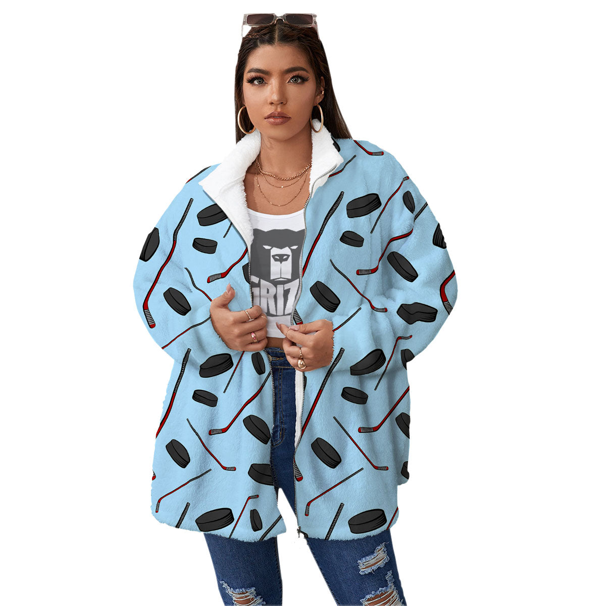 Puck And Hockey Stick Print Pattern Women's Sherpa Jacket-grizzshop
