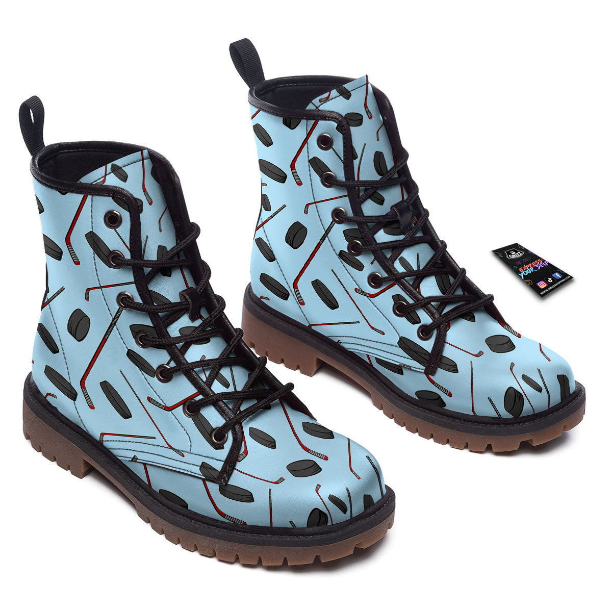 Puck And Hockey Stick Print Pattern Work Boots-grizzshop