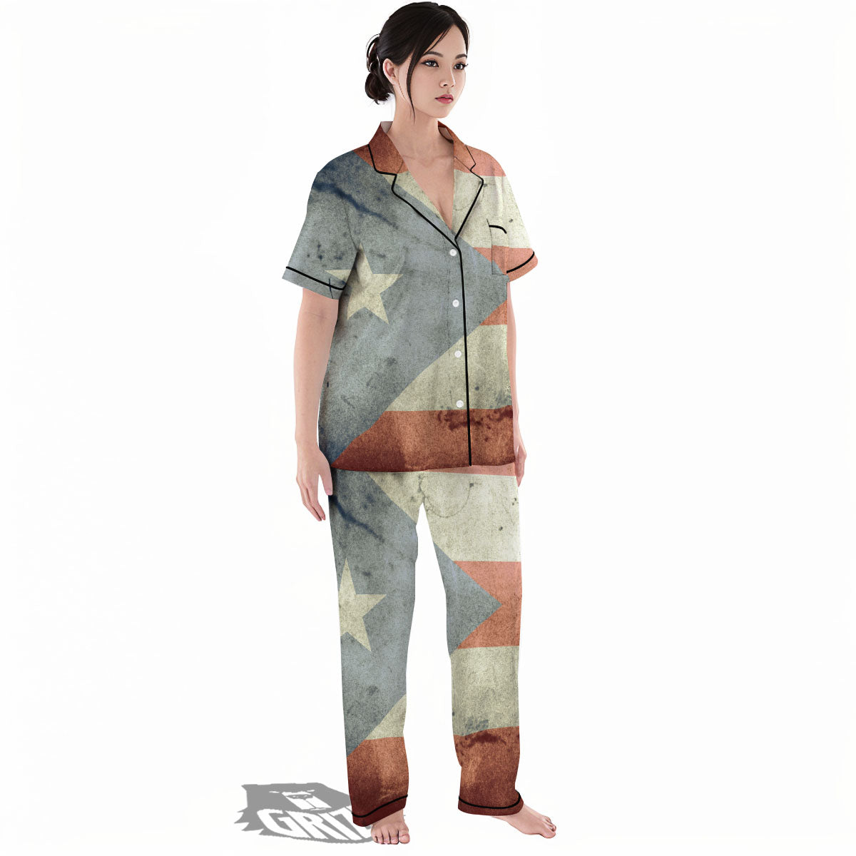 Puerto Rican Flag Grunge Print Women's Pajamas Set-grizzshop