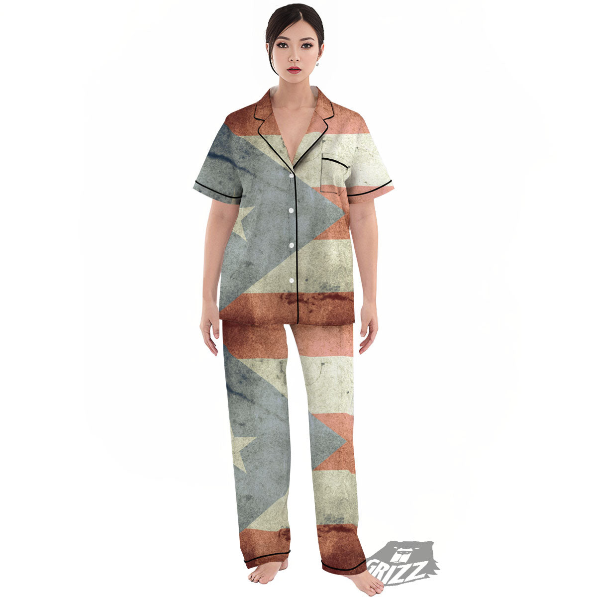 Puerto Rican Flag Grunge Print Women's Pajamas Set-grizzshop