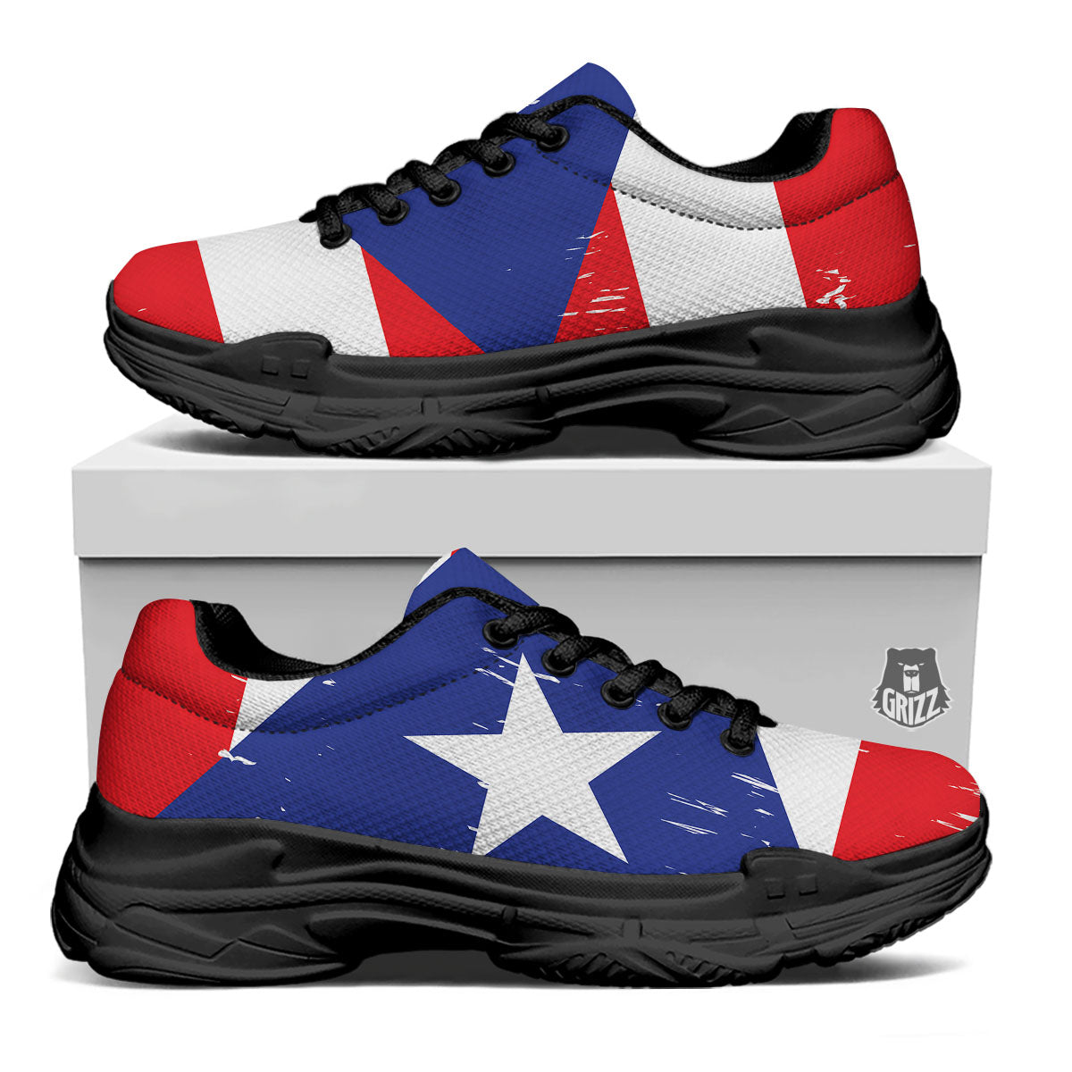 Puerto Rico Flag Print Black Chunky Shoes-grizzshop