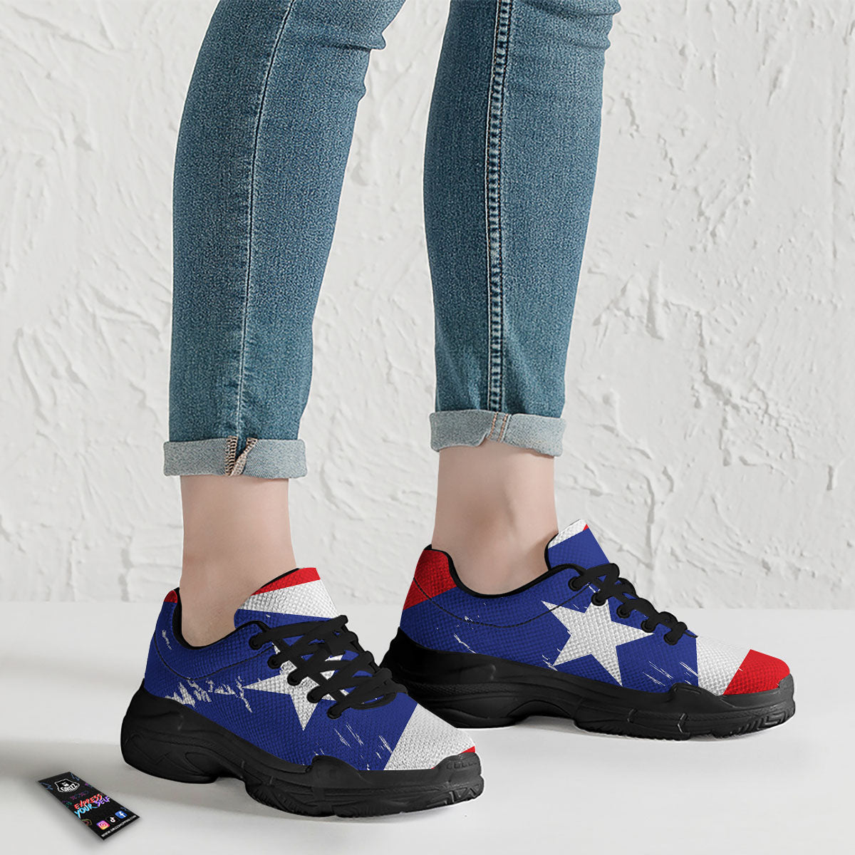 Puerto Rico Flag Print Black Chunky Shoes-grizzshop