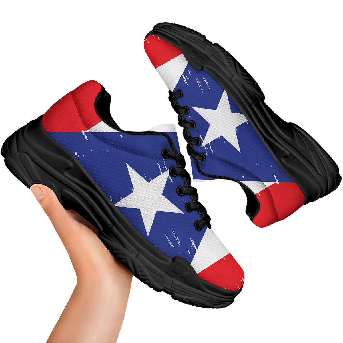 Puerto Rico Flag Print Black Chunky Shoes-grizzshop