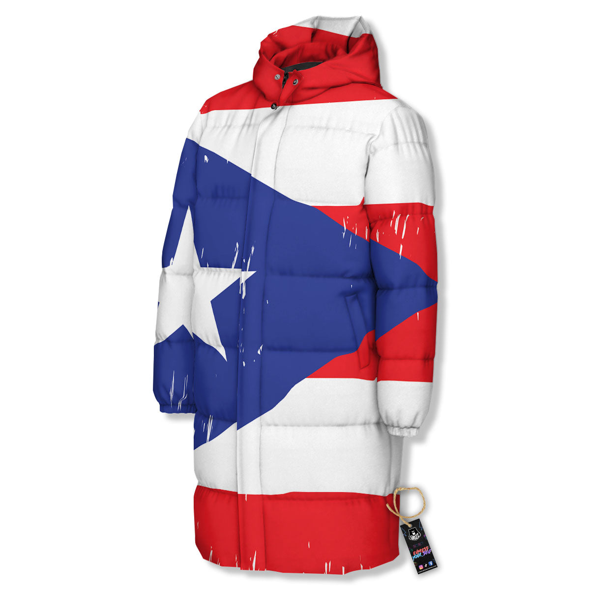 Puerto Rico Flag Print Long Down Jacket-grizzshop