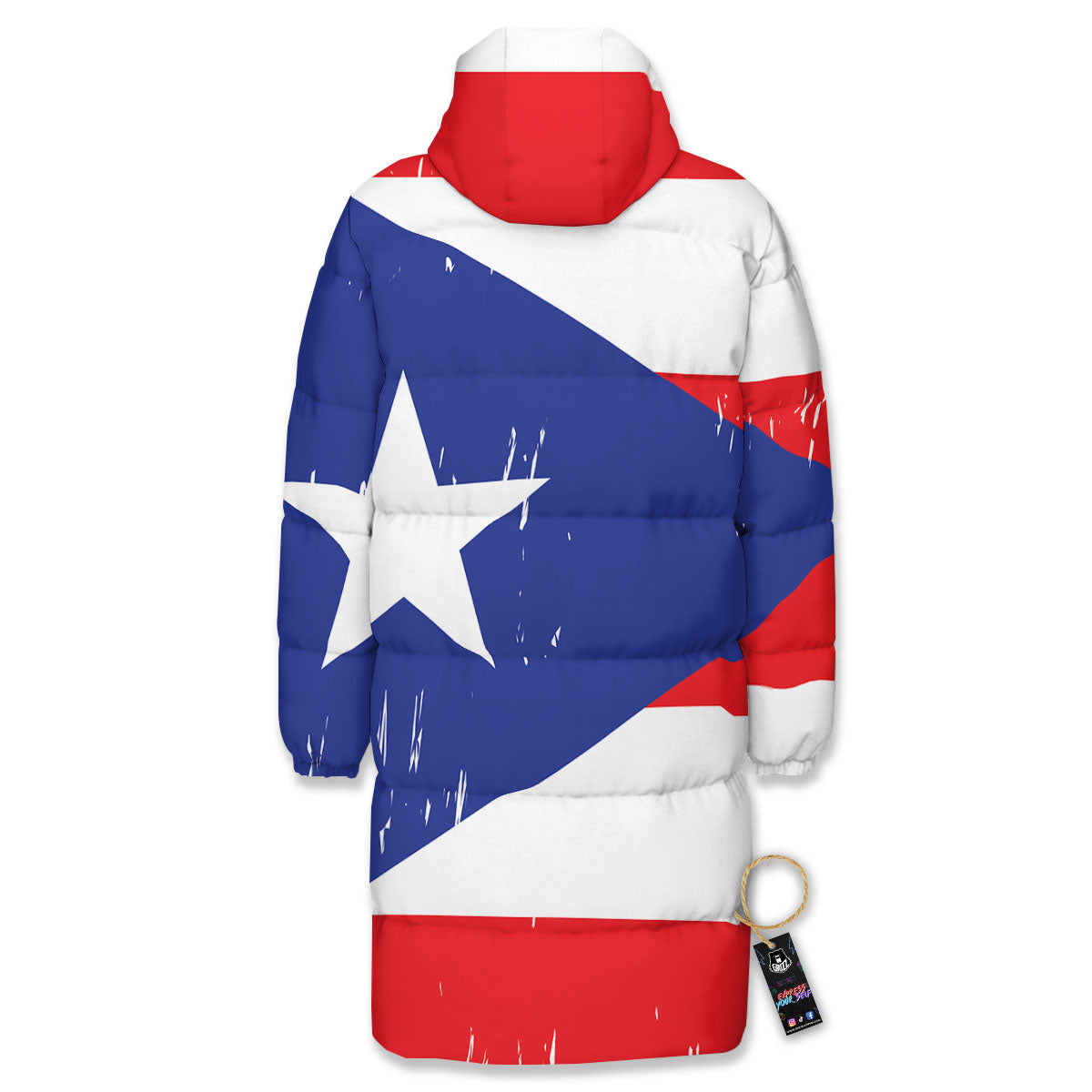 Puerto Rico Flag Print Long Down Jacket-grizzshop