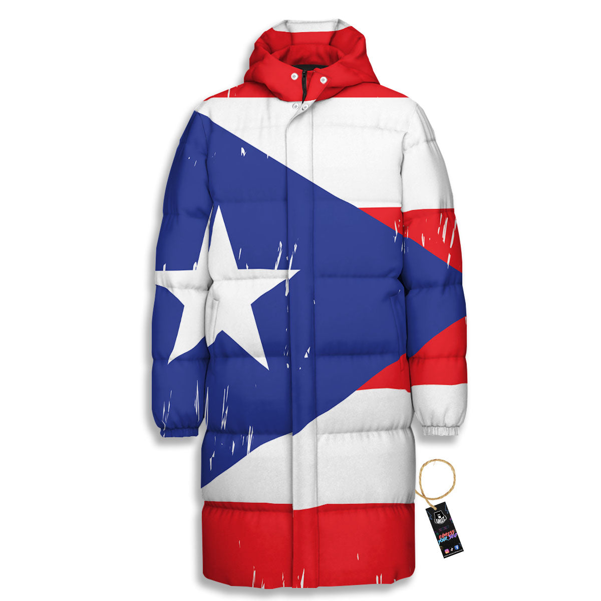 Puerto Rico Flag Print Long Down Jacket-grizzshop