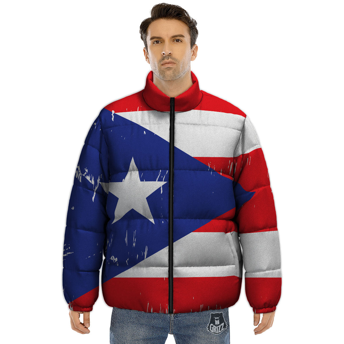 Puerto Rico Flag Print Puffer Jacket-grizzshop