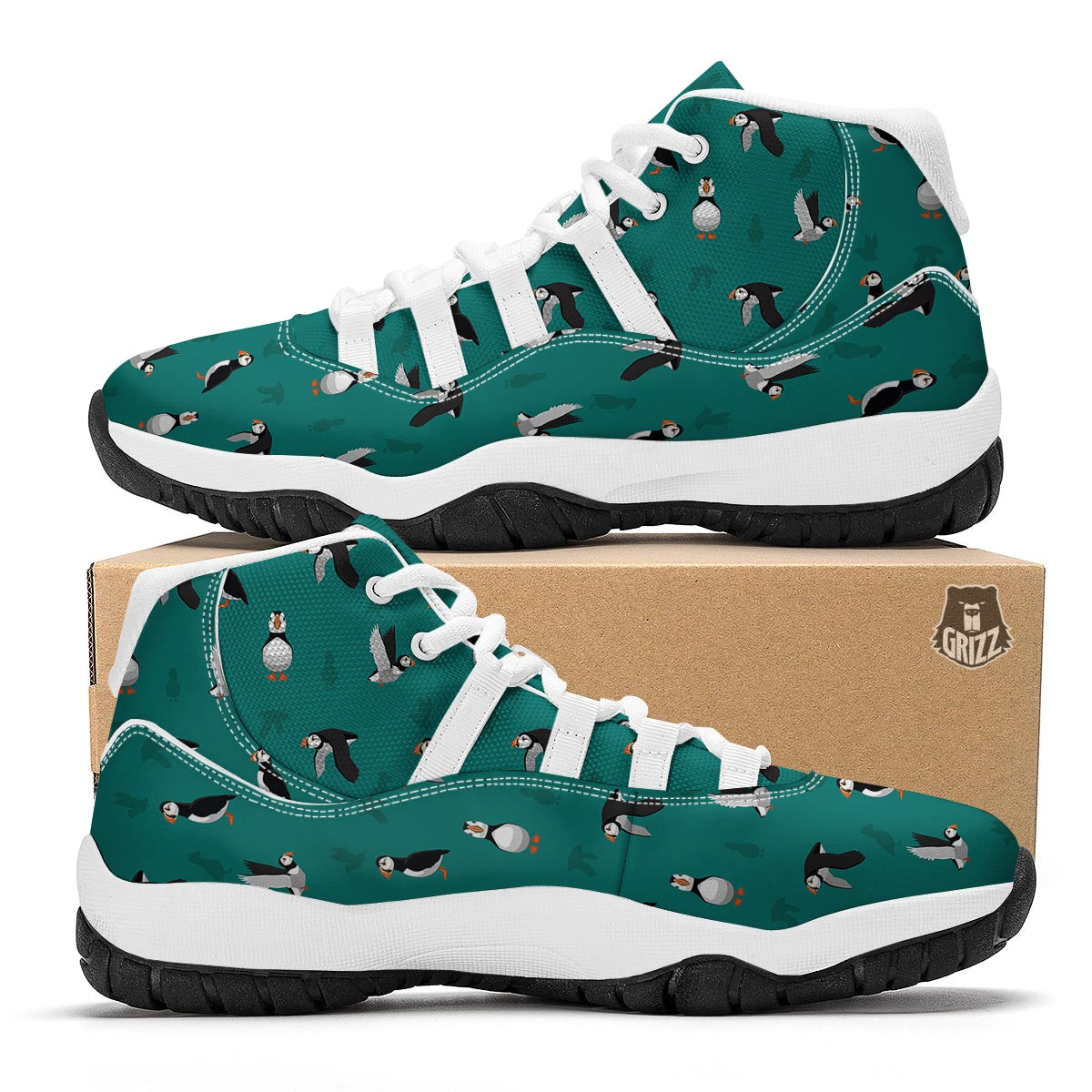 Puffin Pattern Print White Bball Shoes-grizzshop