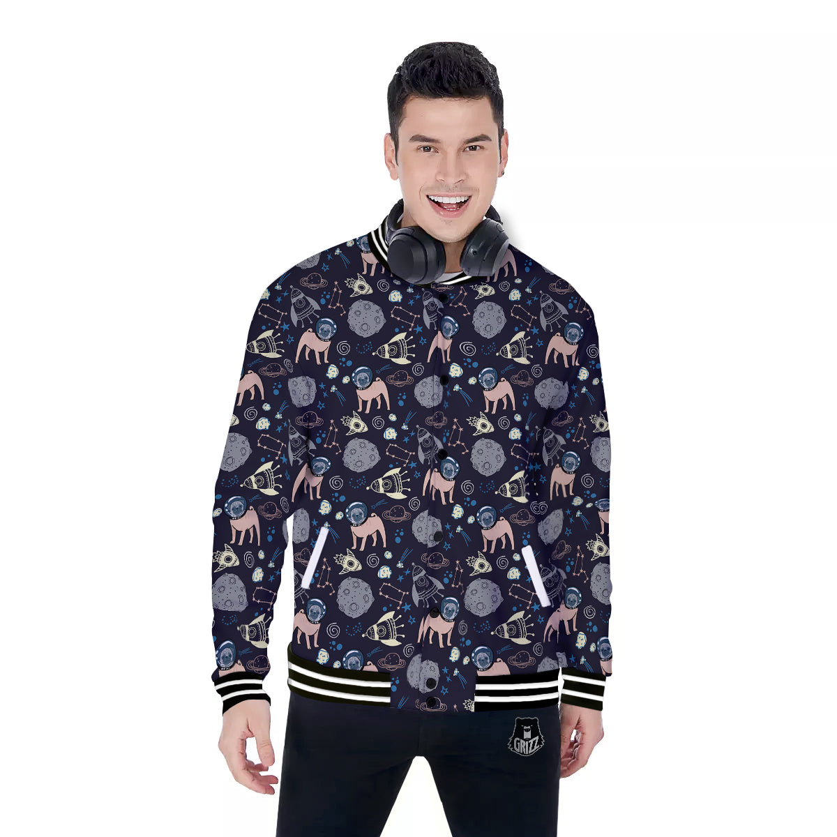 Pug And Astronaut In The Space Print Pattern Baseball Jacket-grizzshop