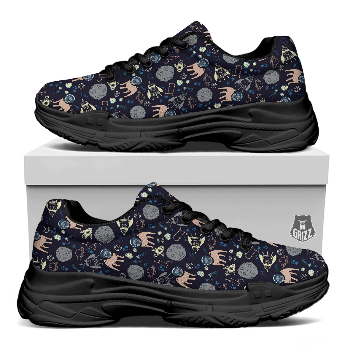 Pug And Astronaut In The Space Print Pattern Black Chunky Shoes-grizzshop