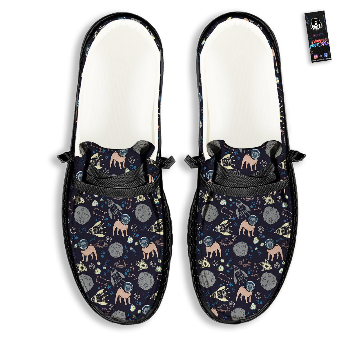 Pug And Astronaut In The Space Print Pattern Black Loafers-grizzshop