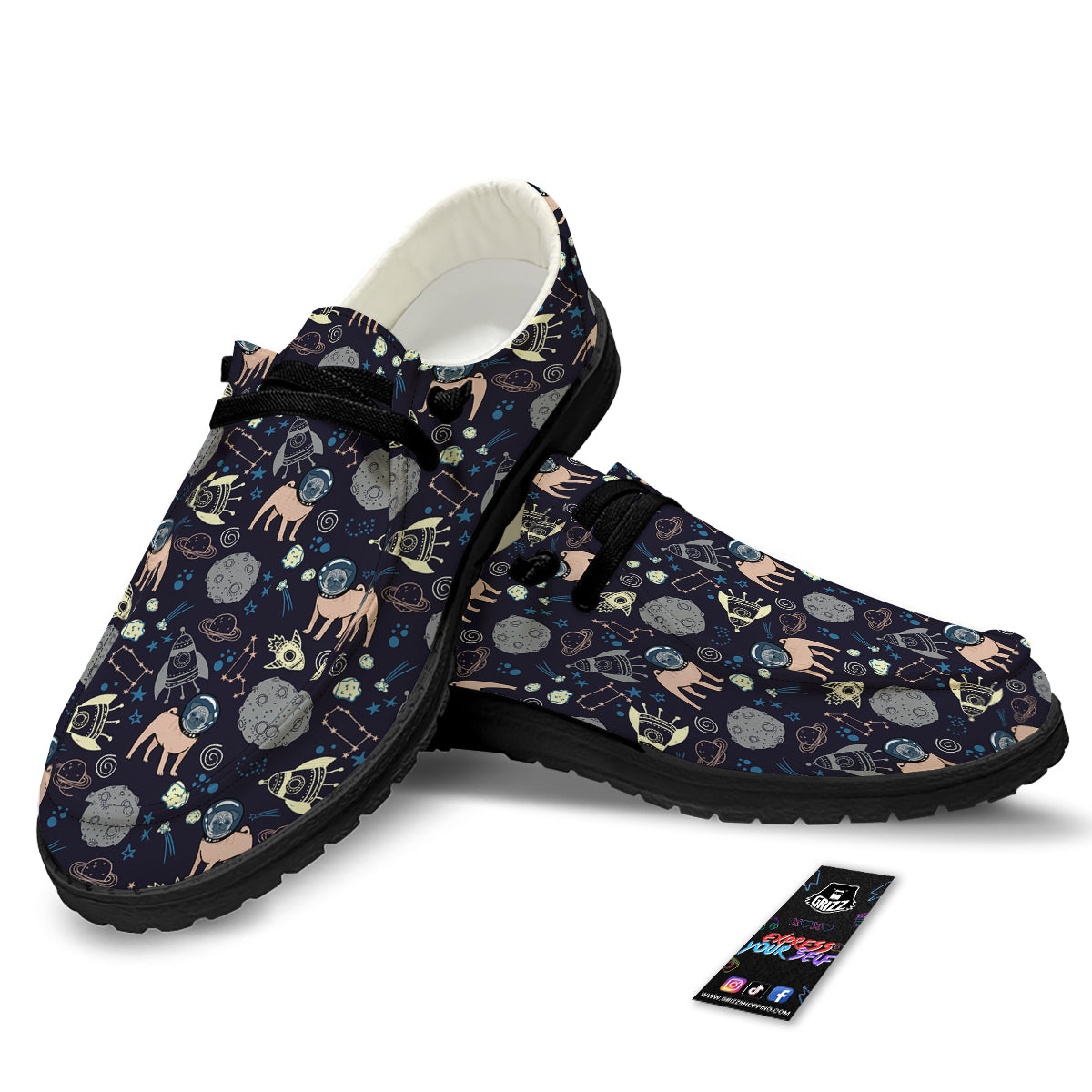 Pug And Astronaut In The Space Print Pattern Black Loafers-grizzshop