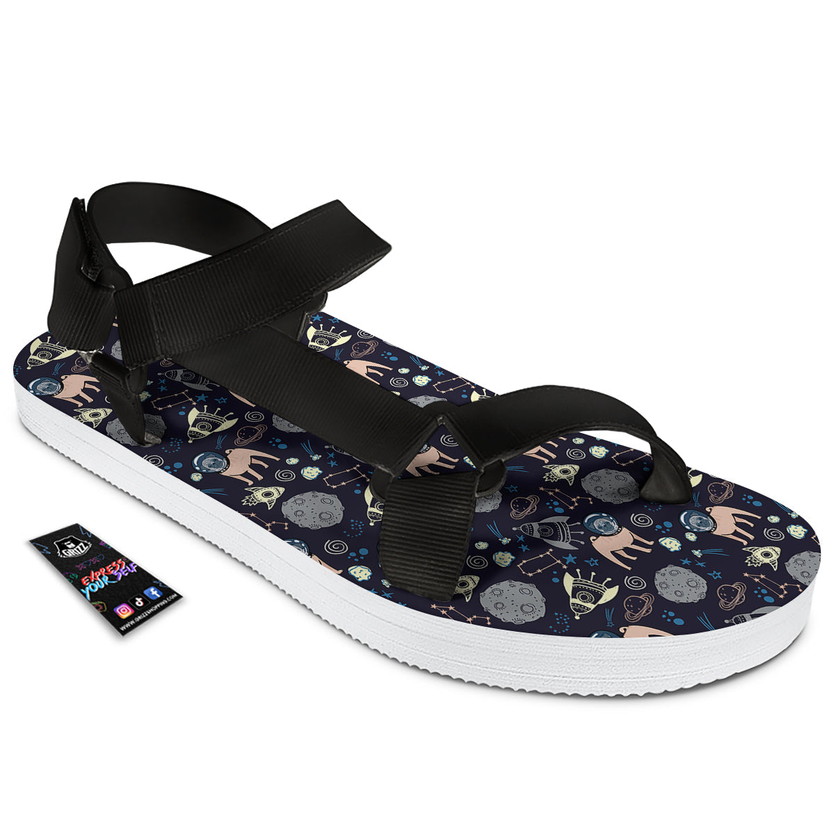 Pug And Astronaut In The Space Print Pattern Black Open Toe Sandals-grizzshop
