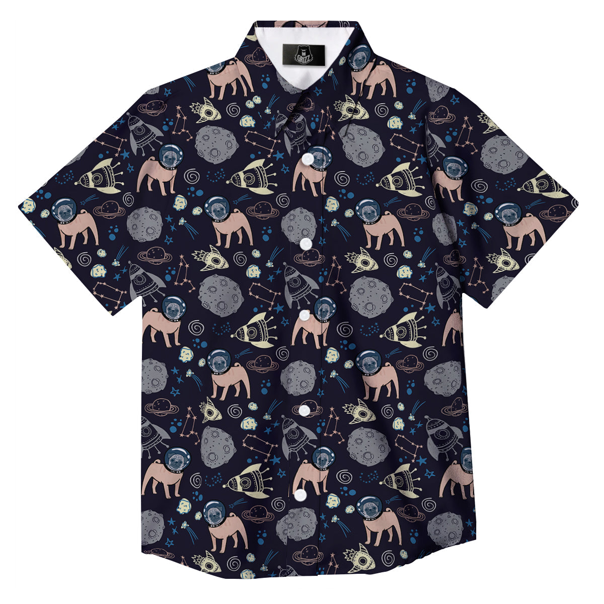 Pug And Astronaut In The Space Print Pattern Button Up Shirt-grizzshop
