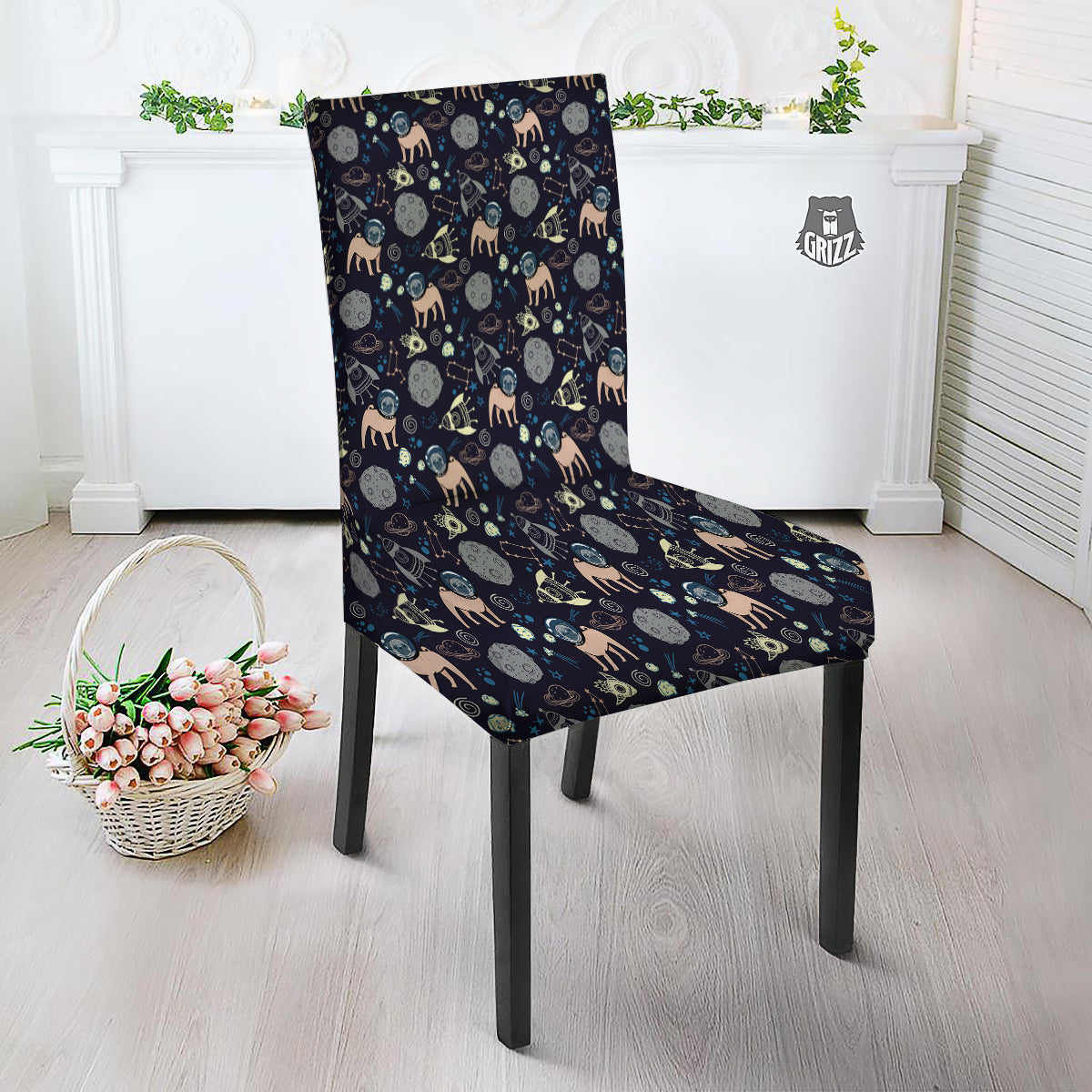 Pug And Astronaut In The Space Print Pattern Dining Chair Slipcover-grizzshop